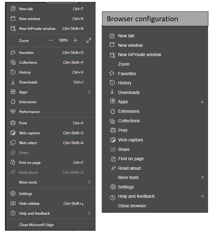 Menu and its domains: Web browser